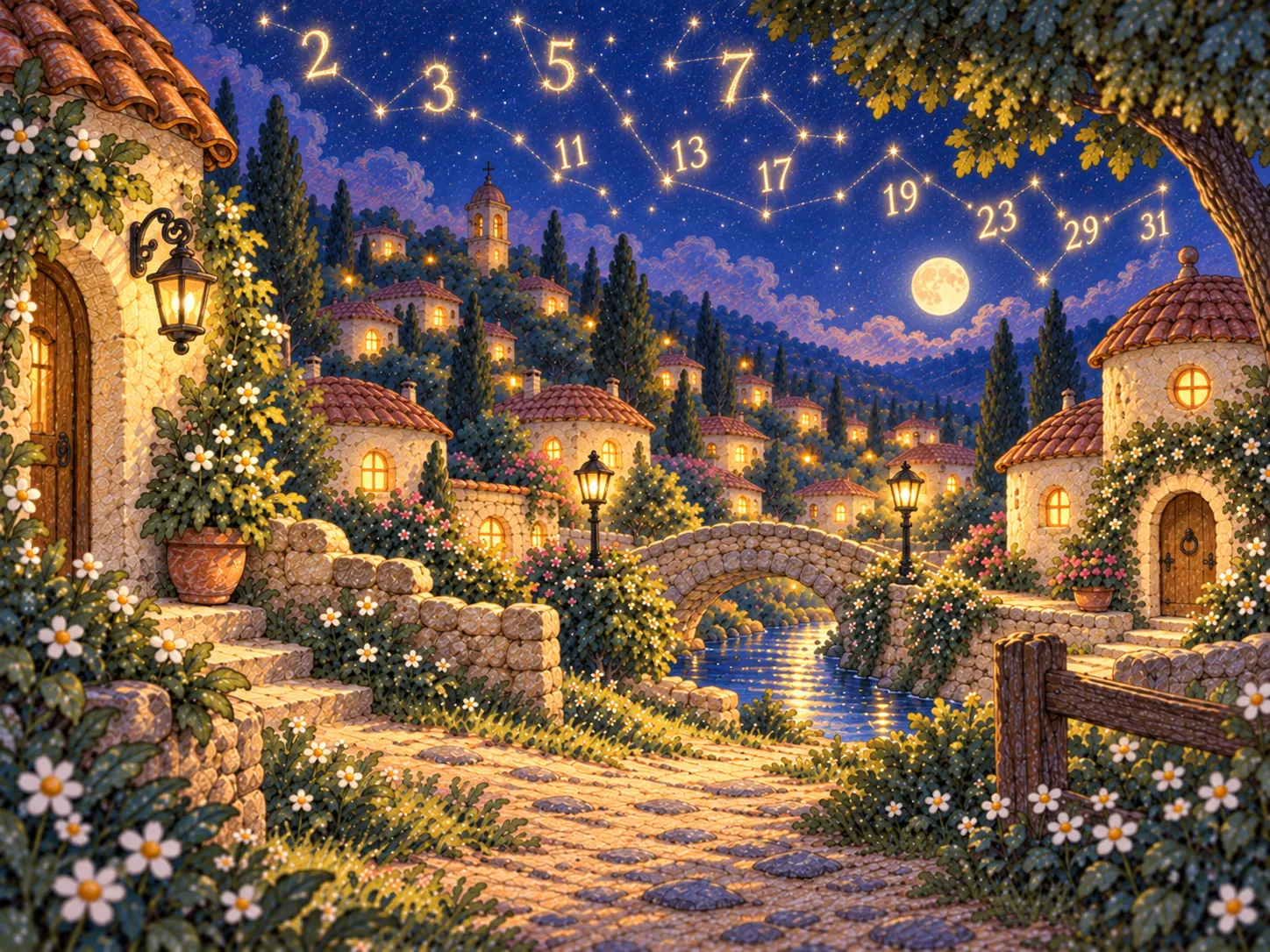 Prime Village at night under a starry sky, with the prime numbers glowing like constellations
