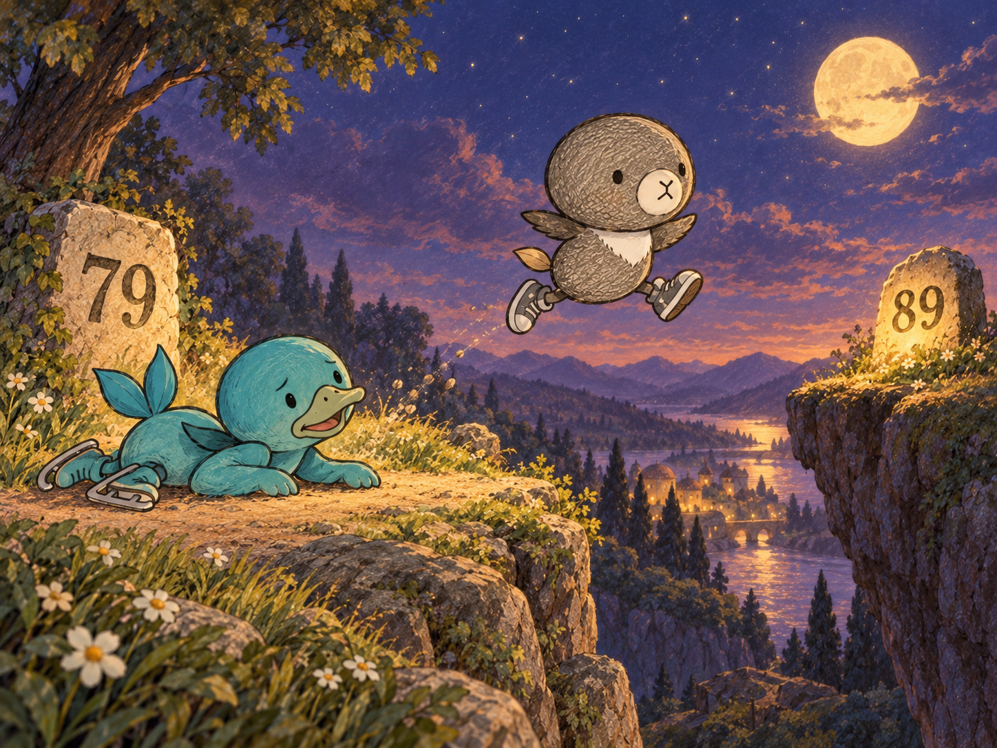 Five leaping from stone 79 toward the glowing stone 89 while tired Six watches from the ground
