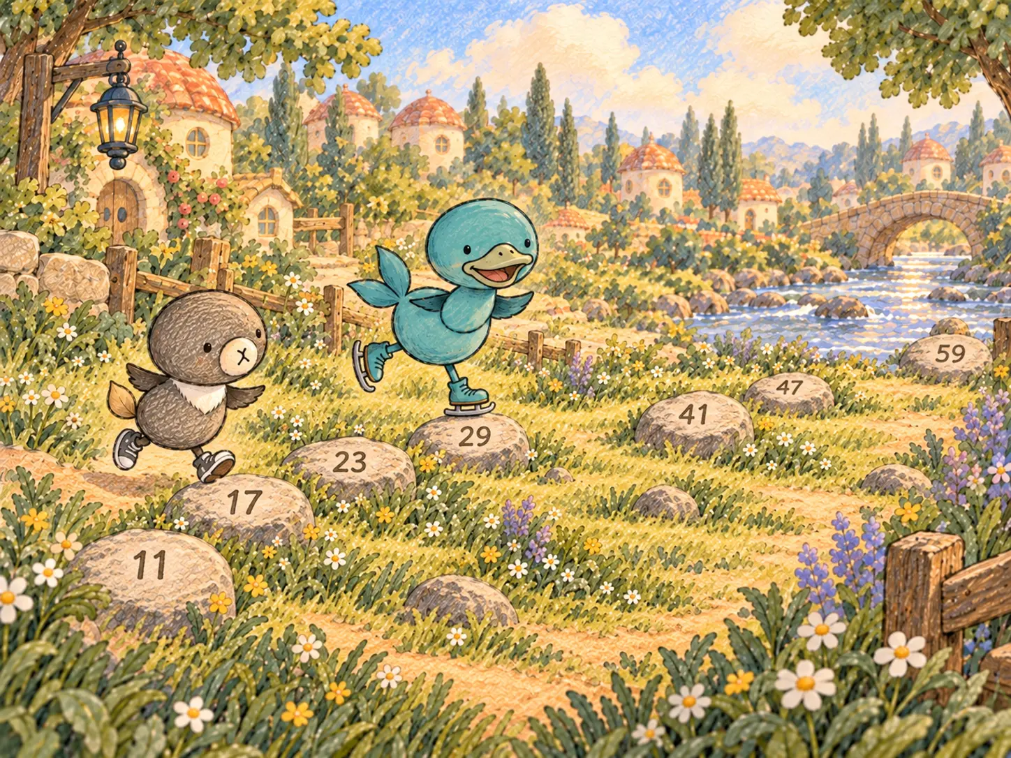 Five and Six jumping across the numbered stones